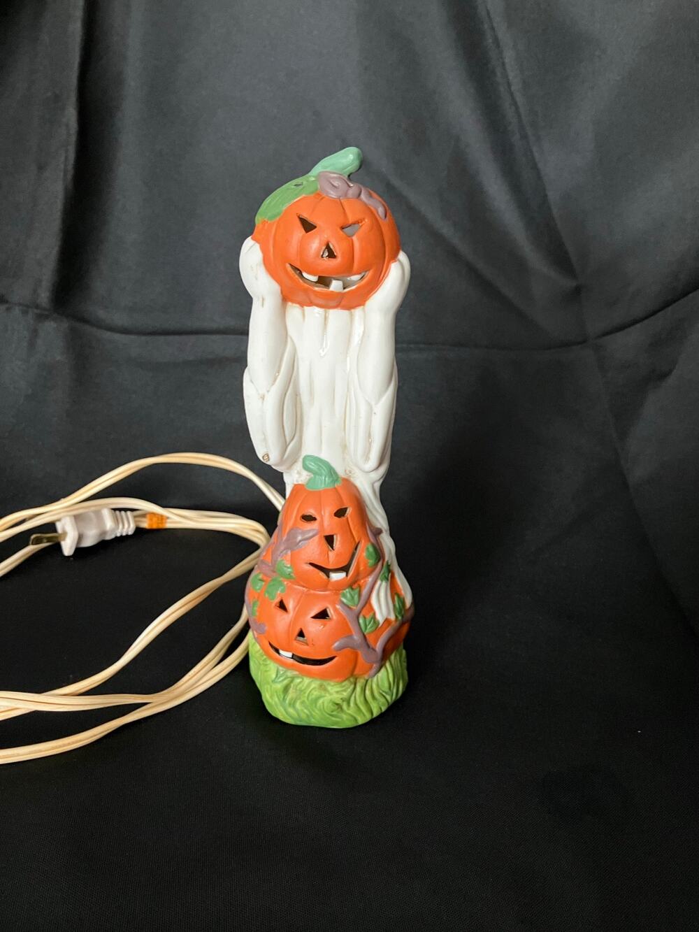 Vintage 1970s 80s Ceramic Ghost Pumpkin Halloween Light Jack O Lantern 8.5"